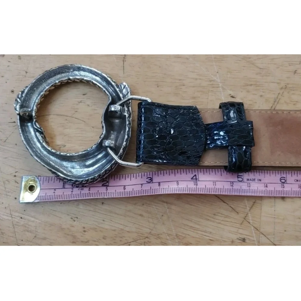 Brighton Black Snakeskin Belt Vtg USA Silver Snake Buckle Rhinestones Bling 32